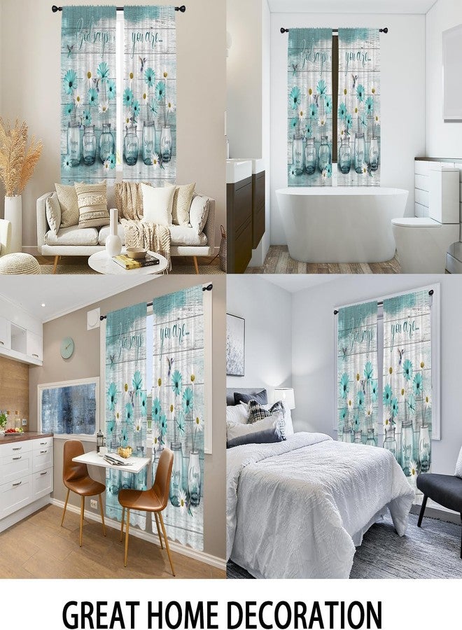 Coxila Teal Floral Kitchen Window Curtains 27.5 x 45 Inch Small Short Mini Cafe Rod Pocket Farmhouse Rustic Country Spring Daisy Living Bedroom Room Home Treatment Set of 2 Curtain Panels Drapes Tiers - Image 5